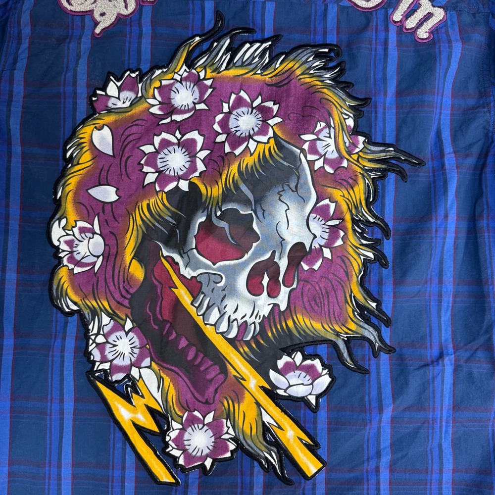 Vintage Y2K Ed Hardy Mens Blue Plaid Born To Win Embroidered Skull Shirt L - Picture 3 of 11